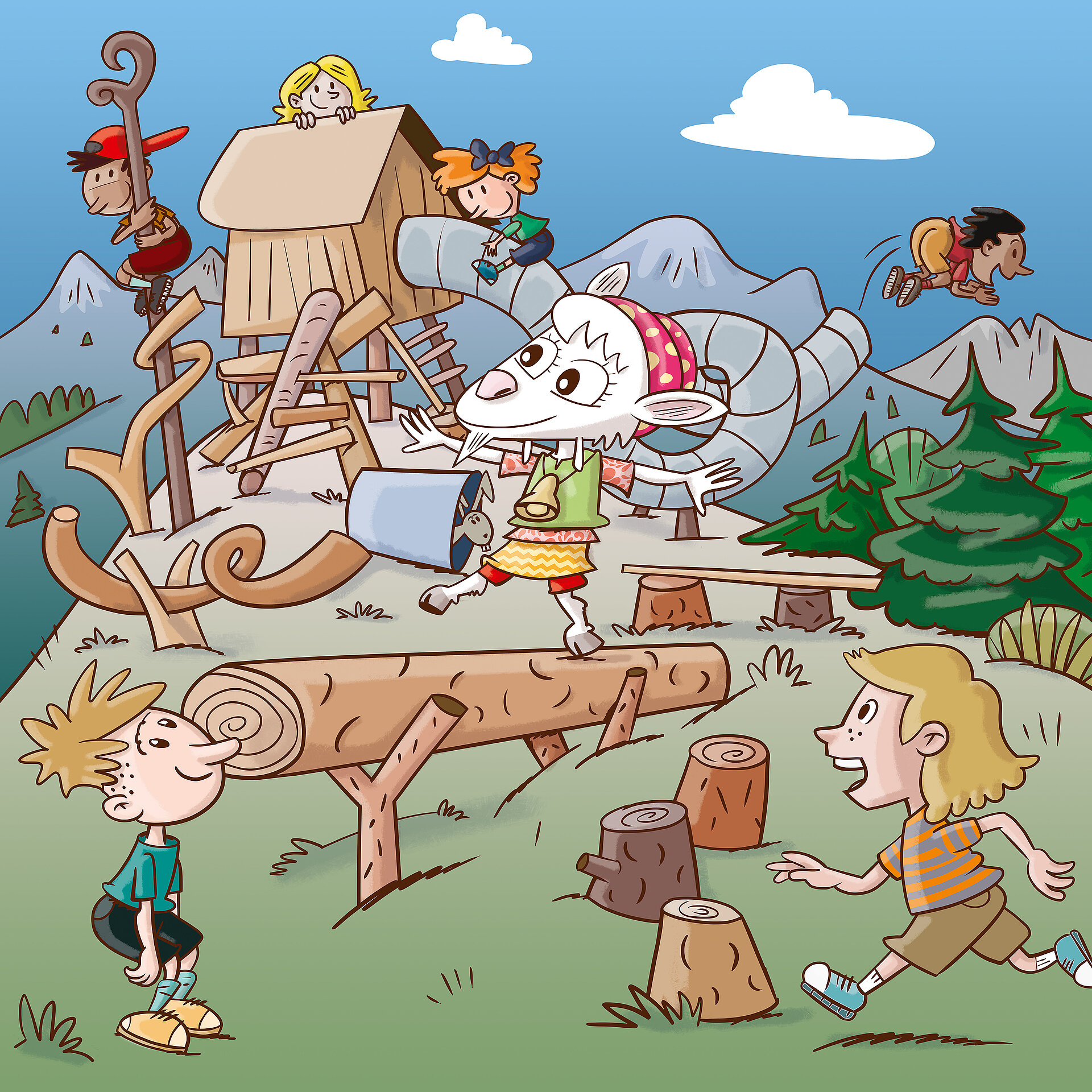 <p>Eine Illustration, wie Saani mit sechs Kinder auf einem Spielplatz auf einem Hügel spielt.</p>