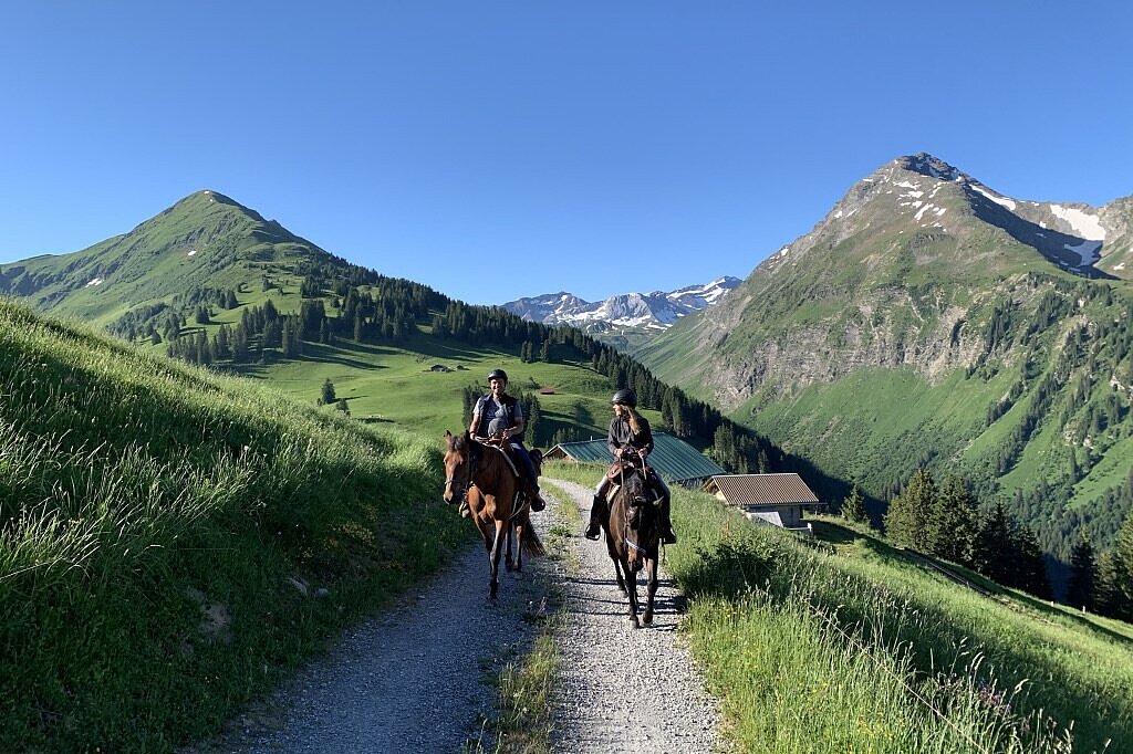 <p>Zwei Reiter:innen auf einem Naturweg in den Bergen an einem schönen Sommertag.</p>