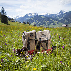 <p>Ein Rucksack und alte Wanderschuhe, welche in hohem Grass stehen vor einer schönen Berglanschaft.</p>