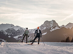 Snow-covered cross-country ski trail against a snowy mountain backdrop at dusk.