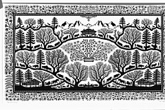 Schwarzer Scherenschnitt mit Kühen, Kälbern, Ziegen, Pferd mit Wagen, Bäumen, Tannen und Blumen, Chalets und Bergen auf weissem Hintergrund.