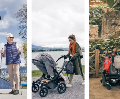 Das Bild ist in drei Bilder unterteilt: Links ist ein älteres Paar zusehen, die mit Rucksäcken auf einer Brücke stehen. Die Dame hat Gehstöcke dabei. Im Mittleren Bild ist eine Mutter mit ihrem Kinderwagen auf einem Schotterweg entlang eines Sees am Spazieren. Auf dem letzten Bild sind zwei Rollstuhlfahrer zu sehen, die in einem Zoo ins Elefantengehege schauen.