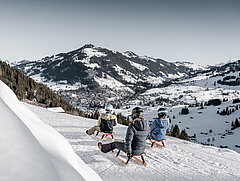 Drei Personen die den Schlittelweg nach Gstaad runter fahren mit schönem Panorama Blick auf die Ferienregion Gstaad.