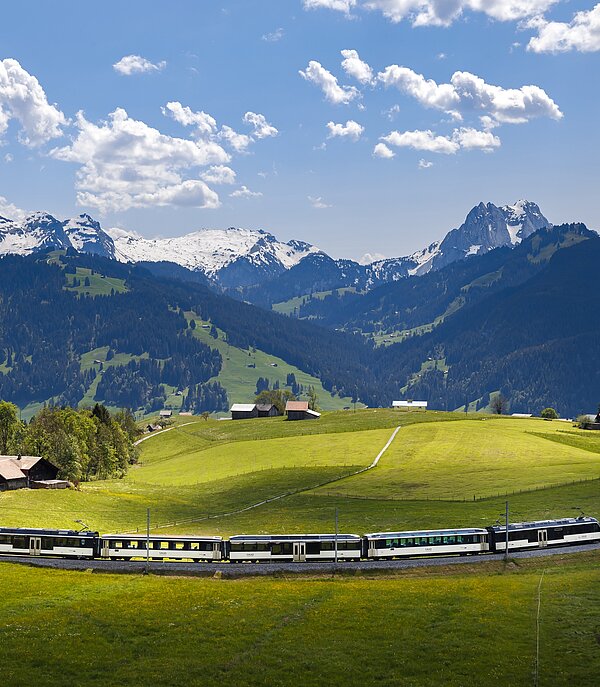 In the foreground a dark blue/white train composition, behind it green hills and white snow-covered mountain peaks.