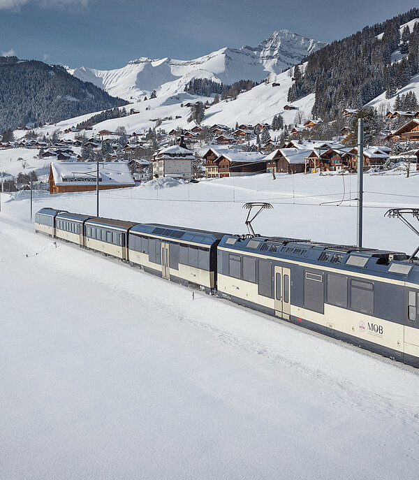 Zug im Winter Eine dunkelblau/weisse Zugkomposition verlässt ein Dorf und fährt durch eine verschneite Landschaft. Der Zug besteht aus fünf Wagen.