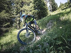 Un vététiste dévale la montagne sur un trail.