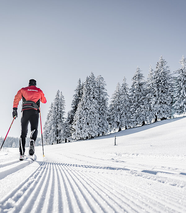 Un skieur de fond en action en tenue de sport colorée.