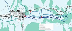 L'image montre une carte du domaine de ski de fond de Lauenen. La carte montre une vue générale des différents itinéraires qui passent dans la vallée de Lauenen. Différents points sont marqués, comme par exemple le point de départ qui se trouve au village.