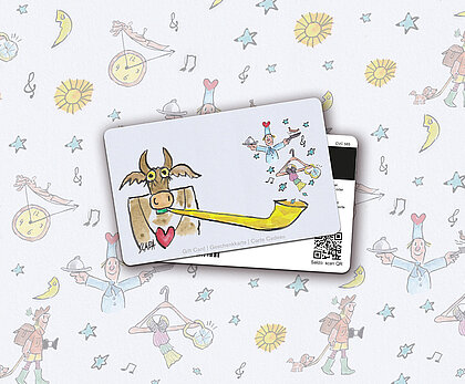 Illustration von Ted Scapa gemalte Kuh mit Alphorn und Geschenken