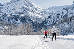 Zwei Langlauf Sportler laufen vor dem Bergpanorama
