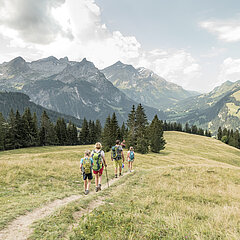 Familie beim Wandern in der herrlichen Natur mit Weitsicht auf ein Bergpanorama.