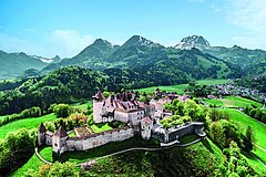 A large castle stands on a green hill with mountains in the background.
