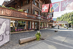 Large wooden chalet with the inscription "Information", colorful flags and lots of flowers.