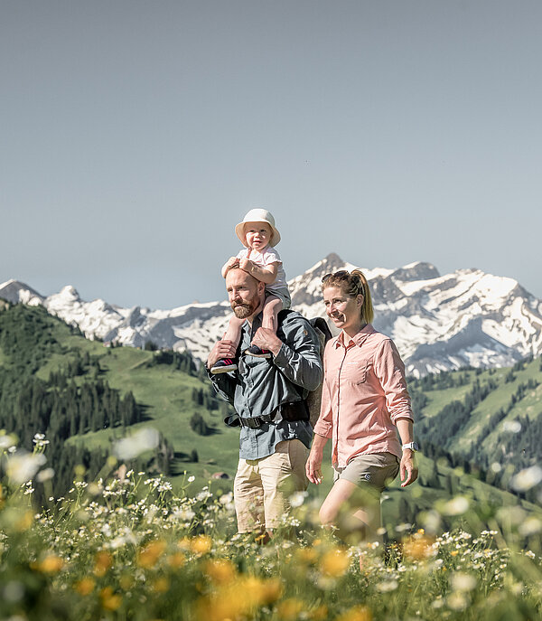 Familie mit einem kleinen Kind wandert durch die Blumenwiesen bei sommerlichem Wetter. 