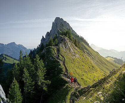 Breits frisch präparierte Skipiste mit imposanter Weitsicht und zwei Personen beim Skifahren