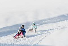 Drei Personen auf einem Schlittelweg in weisser Landschaft.
