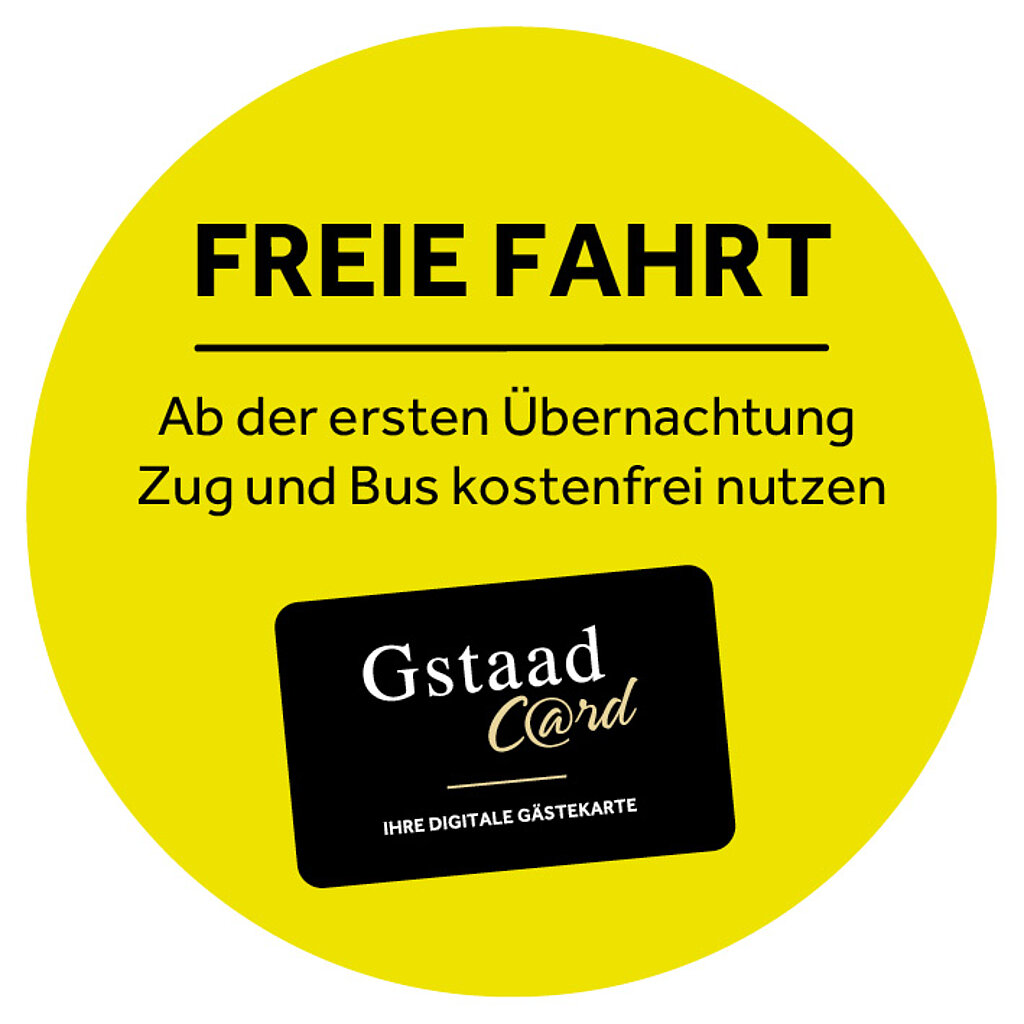 <p>Gelber Punkt mit schwarzem Text Freie Fahrt - ab der ersten Übernachtung Zug und Bus kostenfrei nutzen sowie schwarz-weiss-goldiges Gstaad Card Logo</p>