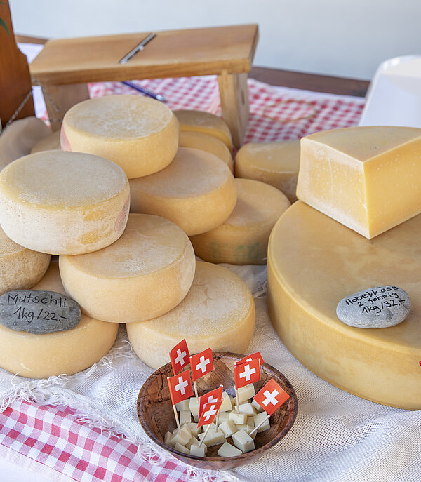 On a table with a red and white tablecloth are different kinds of cheese. Ten small Mutschli, a large cheese with a section on top and a basket with Hobelcheese. On the table there is also a slicer and a small bouquet of flowers.