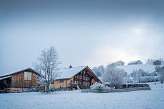 Bauernhaus und Scheune mit Garten in winterlicher Landschaft.