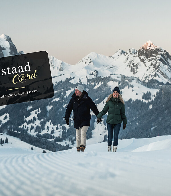 Couple sur un banc en bois avec vue sur le Saanenland