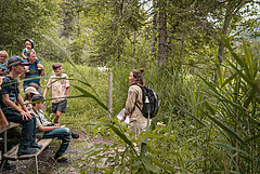 Die Rangerin erklärt der Gruppe in einem Waldstück interessantes über die Fauna am Lauenensee