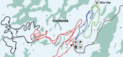 The picture is a map of Sparenmoos showing the various cross-country ski trails that are available. There are 3 routes marked. A black, red and blue one.