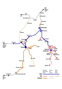 Carte du réseau de transports publics de la région de vacances Gstaad présentant les lignes trains et CarPostal ainsi que les liaisons saisonnières entre Gstaad, Lenk et Zweisimmen
