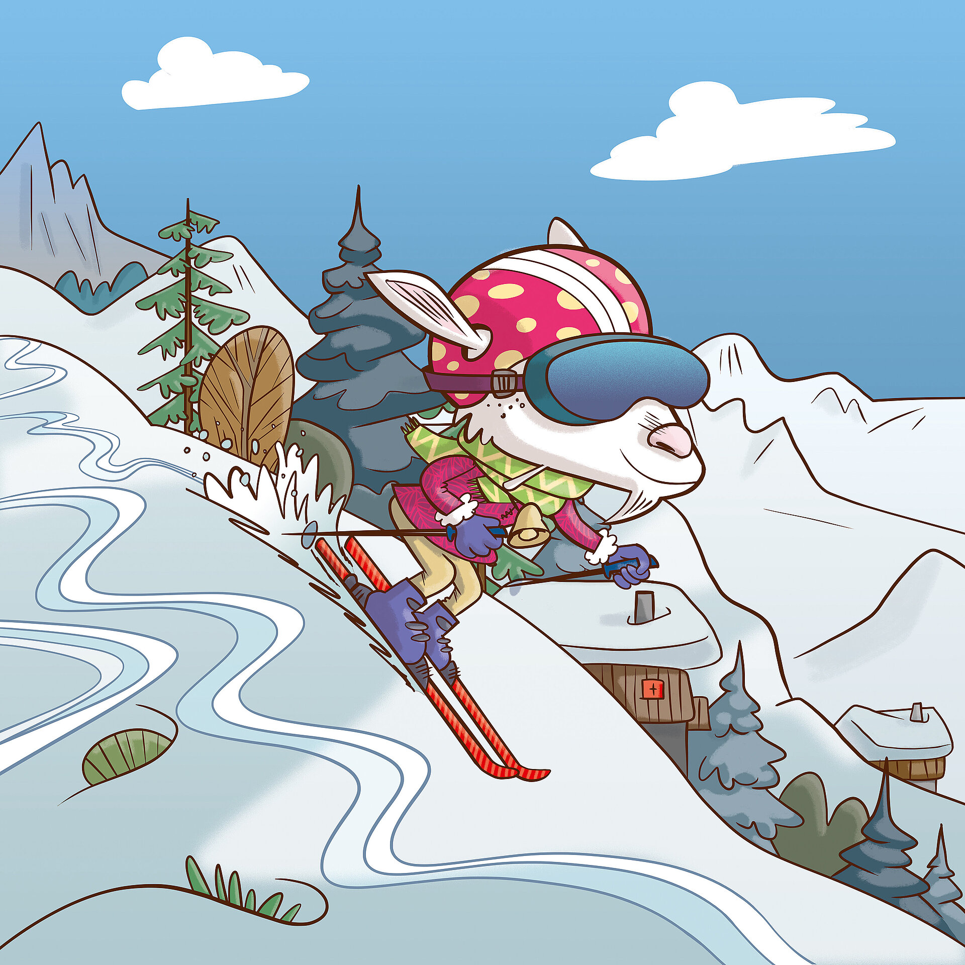 <p>Das Maskottchen Saani fährt auf Skis eine Piste herunter.</p>