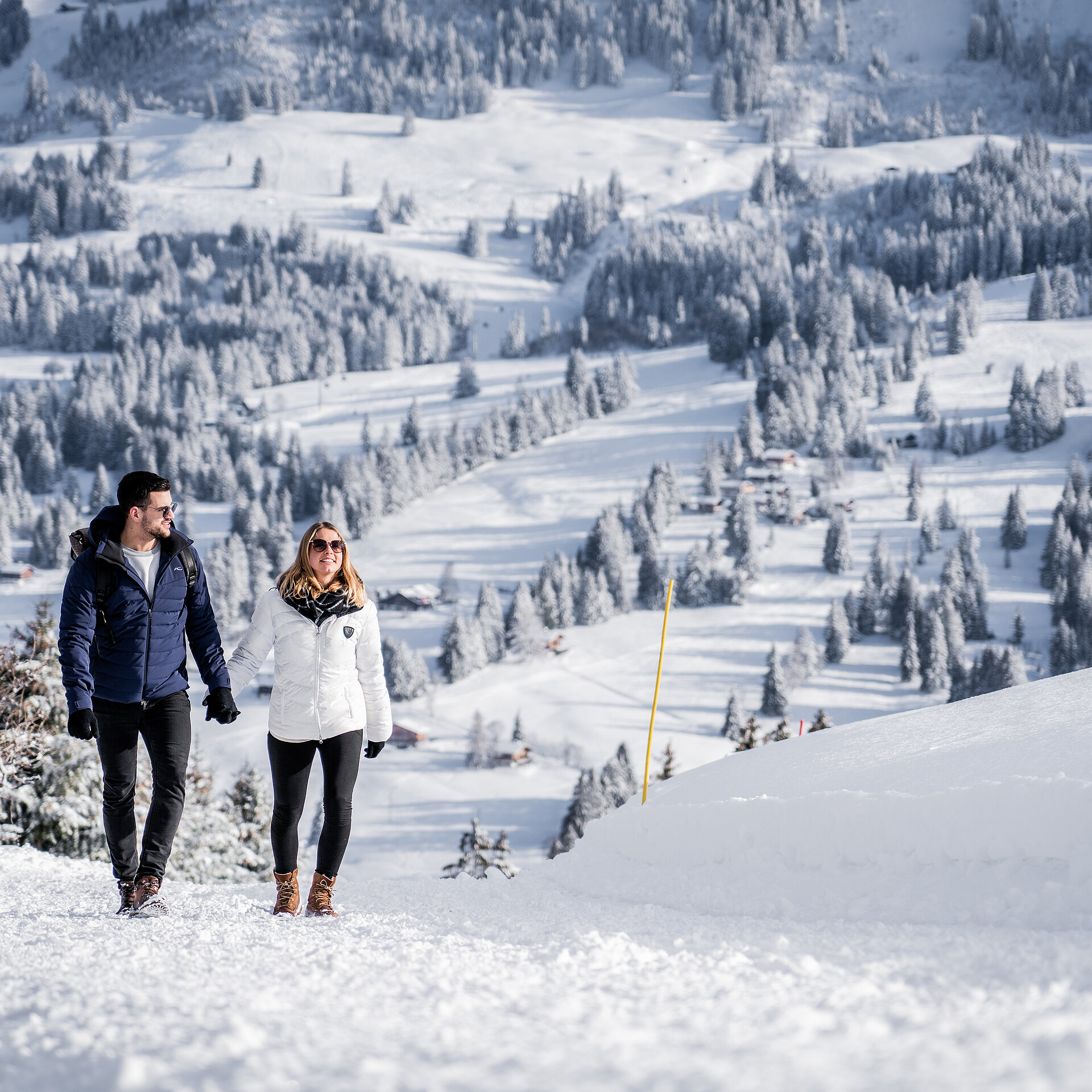 <p>Zwei Personen wandern auf einem präparierten Winterwanderweg der ansteigt. Er trägt eine blaue Winterjacke und sie ist in eine weisse Daunenjacke gehüllt. Beide tragen schwarze Hosen. Hinter ihnen sieht man verschneite Tannen und Weiden.</p>