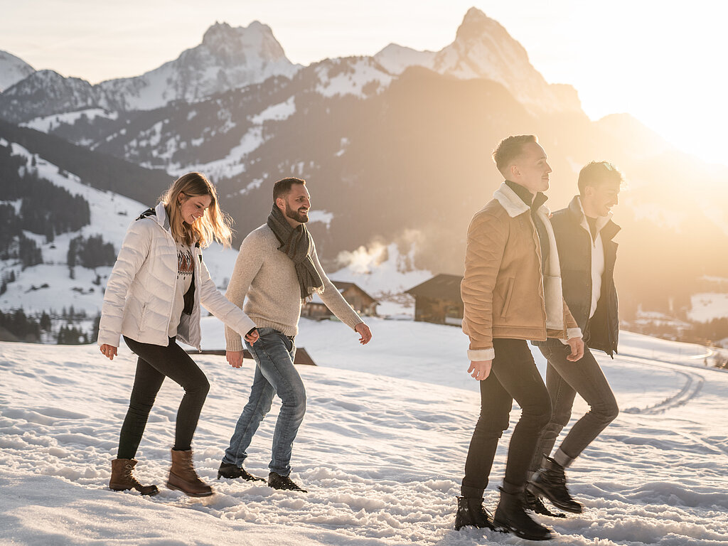 <p>Personengruppe laufen auf einem Winterwanderweg mit verschneiter Bergkulisse.</p>