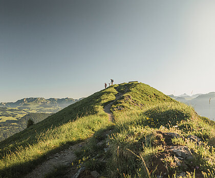 Ein Hügel vor einer Berglandschaft mit einer Familie darauf.
