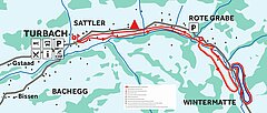 L'image montre une carte de la région de ski de fond de Turbach. Trois pistes de ski de fond différentes sont indiquées sur la carte.