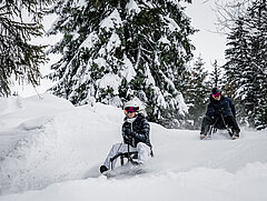 Ein Mann und eine Frau sitzen auf zwei Schlitten und fahren auf der Schlttelpiste durch den verschneiten Wald.