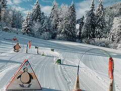 Lernpark mit farbigen Figuren und Übungselementen auf frisch präpariertem Schnee, umgeben von verschneiten Tannen.