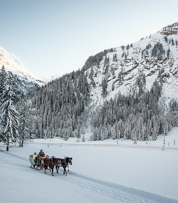 <p>Kutsche mit Pferden fährt am verschneiten Lauenensee entlang.</p>