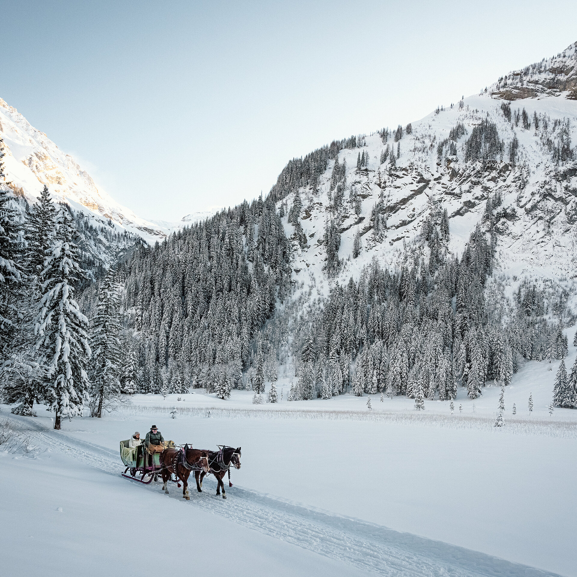 <p>Kutsche mit Pferden fährt am verschneiten Lauenensee entlang.</p>