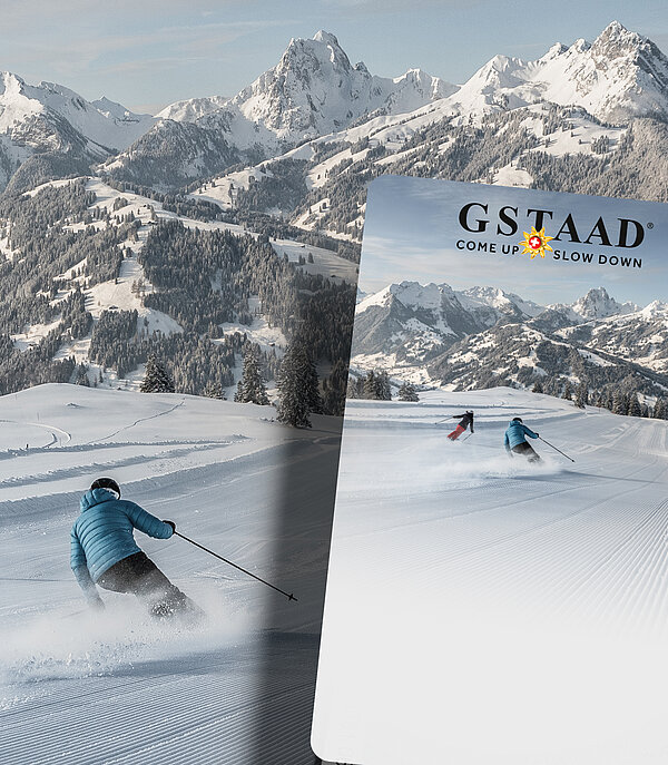 Bild von Skifahrern auf einer Piste und zwei Bergbahnen Tickets.